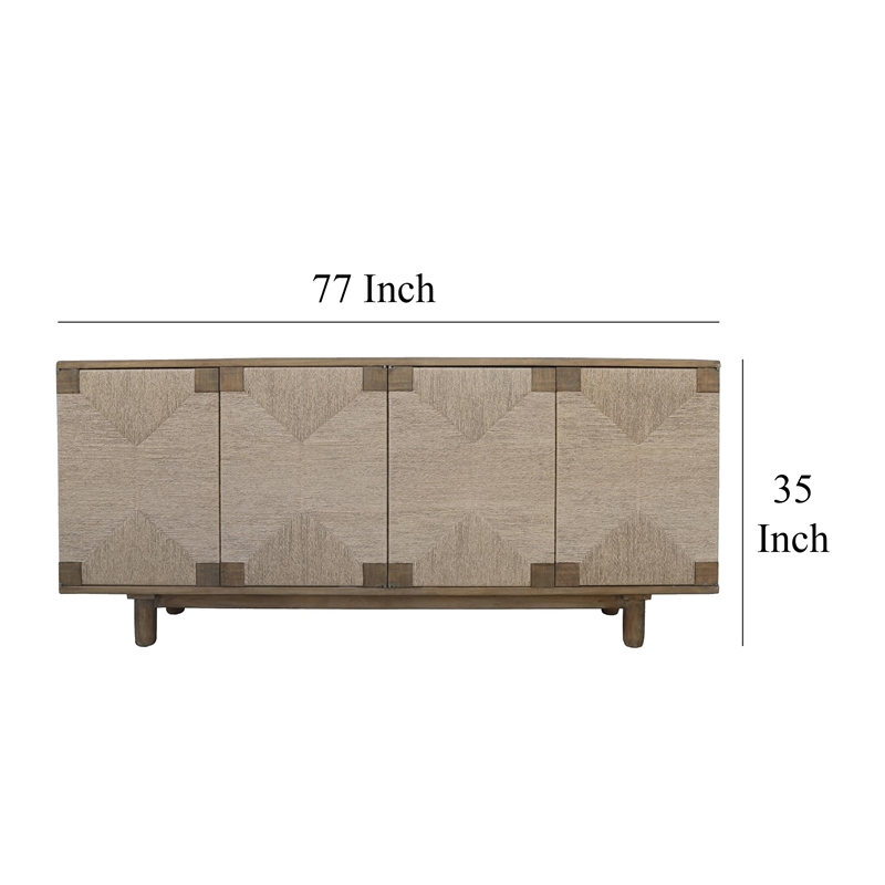 Benjara Augy Accent Cabinet Console- 4 Doors- Gray Brown Pine Wood- 77 Inch