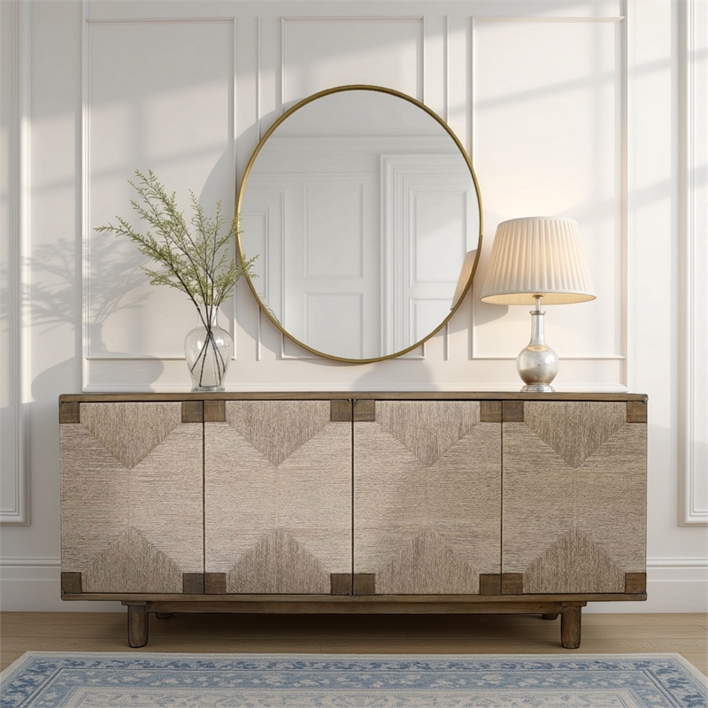 Benjara Augy Accent Cabinet Console- 4 Doors- Gray Brown Pine Wood- 77 Inch