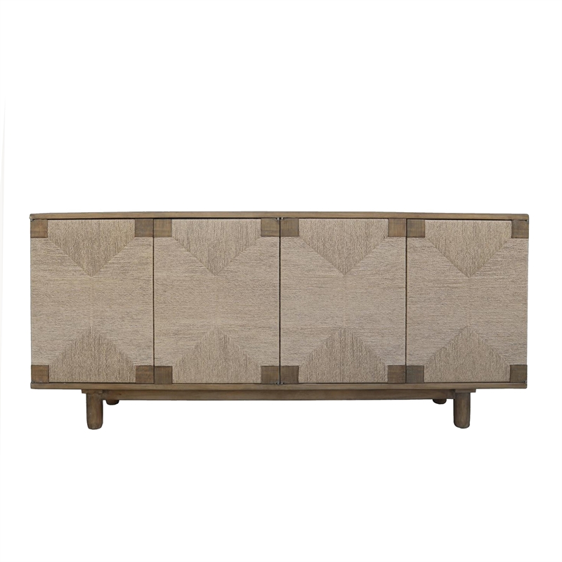 Benjara Augy Accent Cabinet Console- 4 Doors- Gray Brown Pine Wood- 77 Inch
