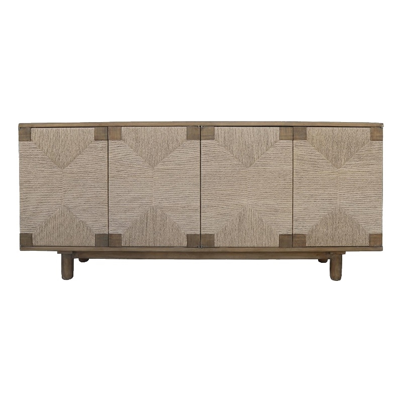 Benjara Augy Accent Cabinet Console- 4 Doors- Gray Brown Pine Wood- 77 Inch