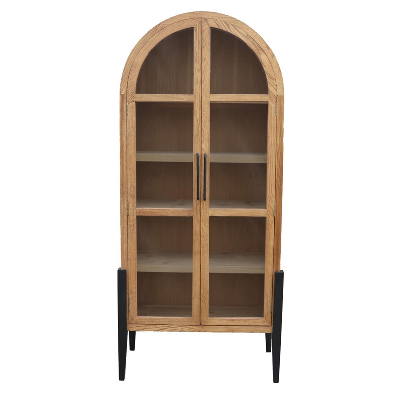 Benjara Bely Tall Curio Cabinet- Arch Accent Glass Doors- Black- Brown 83 Inch