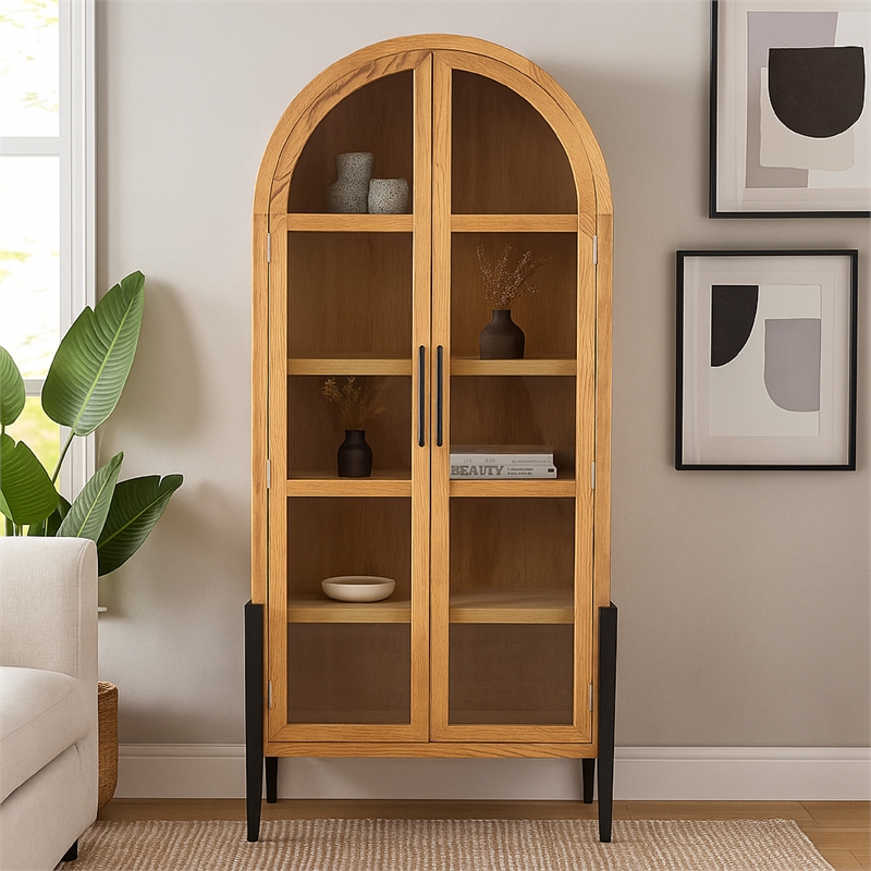 Benjara Bely Tall Curio Cabinet- Arch Accent Glass Doors- Black- Brown 83 Inch