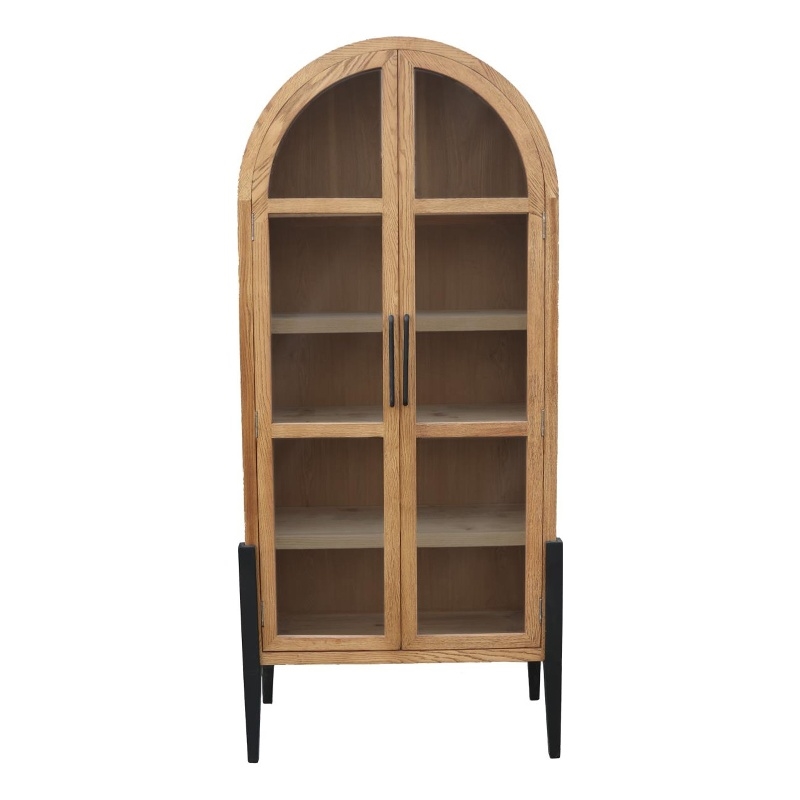 Benjara Bely Tall Curio Cabinet- Arch Accent Glass Doors- Black- Brown 83 Inch