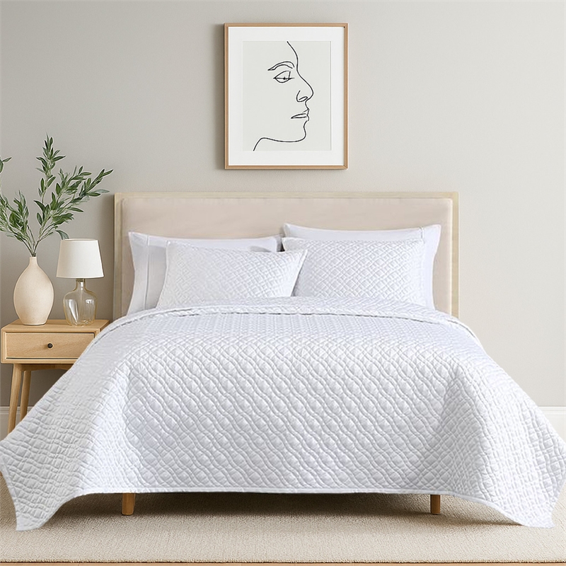 Benjara Keo 3pc Queen Coverlet Set- Reversible- Shams- White Silky Fabric