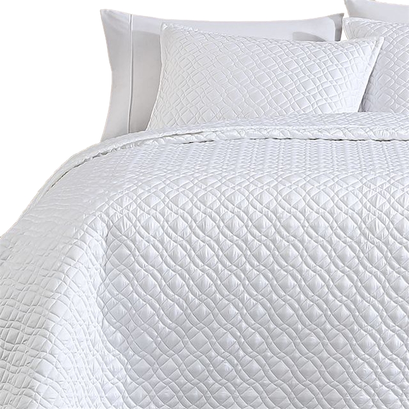 Benjara Keo 3pc Queen Coverlet Set- Reversible- Shams- White Silky Fabric