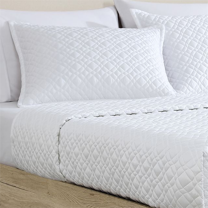 Benjara Keo 3pc Queen Coverlet Set- Reversible- Shams- White Silky Fabric