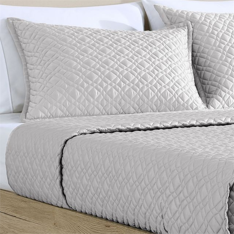 Benjara Keo 3pc Queen Coverlet Set- Reversible- Shams- Silver Silky Fabric