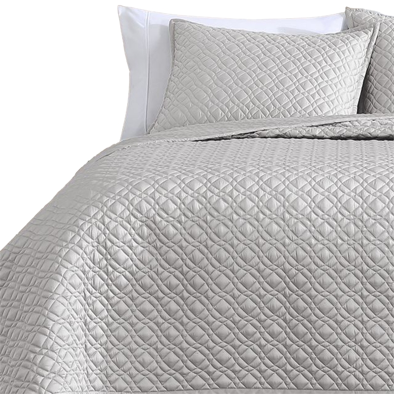 Benjara Keo 3pc Queen Coverlet Set- Reversible- Shams- Silver Silky Fabric