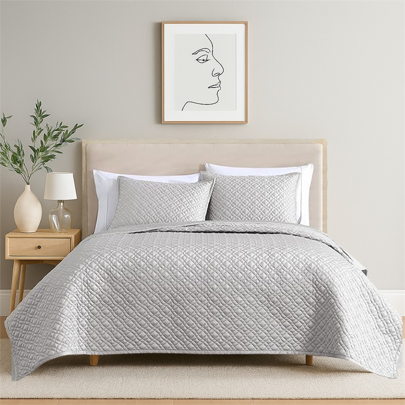 Benjara Keo 3pc Queen Coverlet Set- Reversible- Shams- Silver Silky Fabric