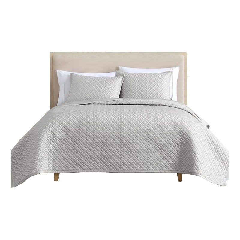 Benjara Keo 3pc Queen Coverlet Set- Reversible- Shams- Silver Silky Fabric