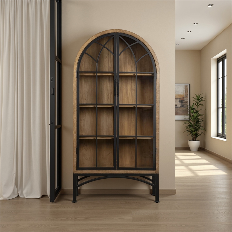 Benjara Veria China Cabinet- 2 Door Arch Frame- Antique Natural Brown- 83 Inch