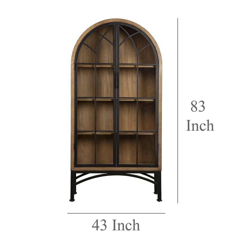 Benjara Veria China Cabinet- 2 Door Arch Frame- Antique Natural Brown- 83 Inch