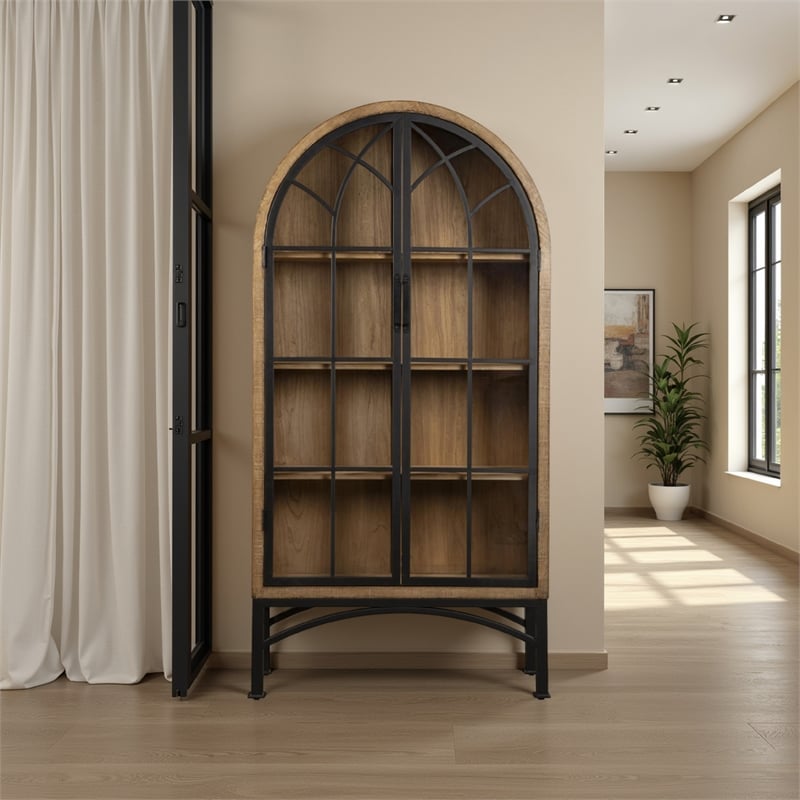Benjara Veria China Cabinet- 2 Door Arch Frame- Antique Natural Brown- 83 Inch