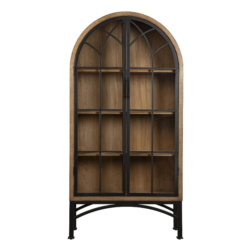 Benjara Veria China Cabinet- 2 Door Arch Frame- Antique Natural Brown- 83 Inch