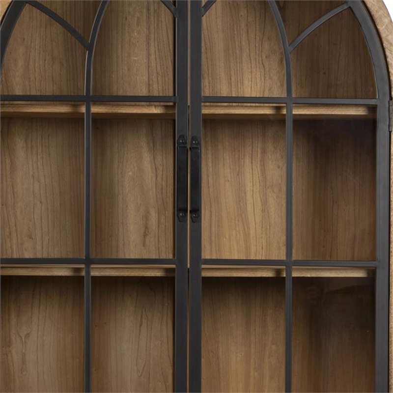 Benjara Veria China Cabinet- 2 Door Arch Frame- Antique Natural Brown- 83 Inch