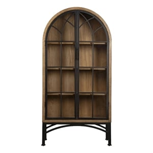 Benjara Veria China Cabinet- 2 Door Arch Frame- Antique Natural Brown- 83 Inch