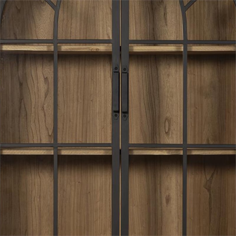 Benjara Veria China Cabinet- 2 Glass Door Arch Frame- Black Iron- 83 Inch
