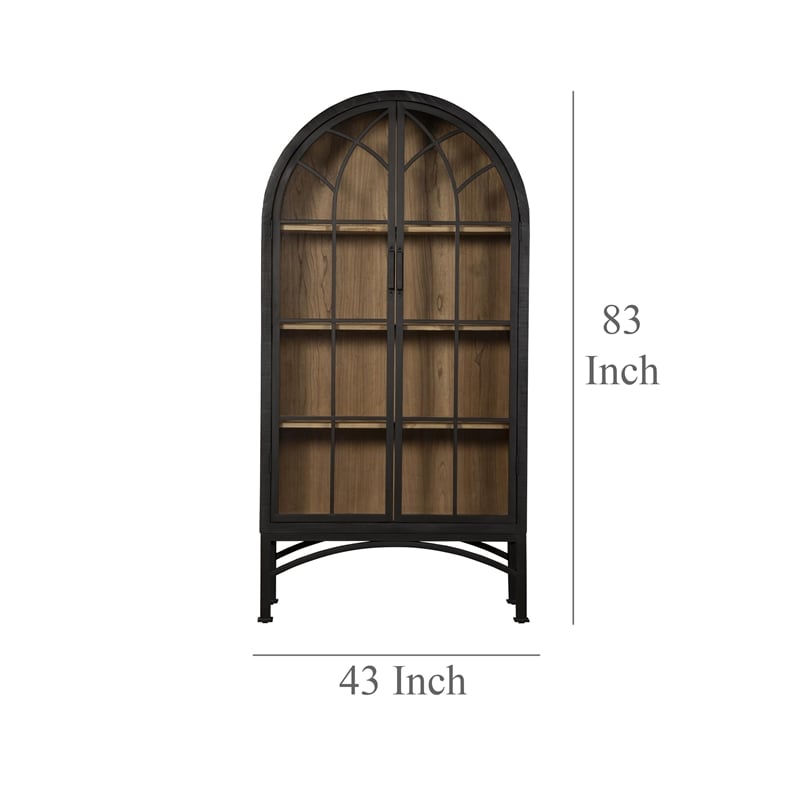Benjara Veria China Cabinet- 2 Glass Door Arch Frame- Black Iron- 83 Inch