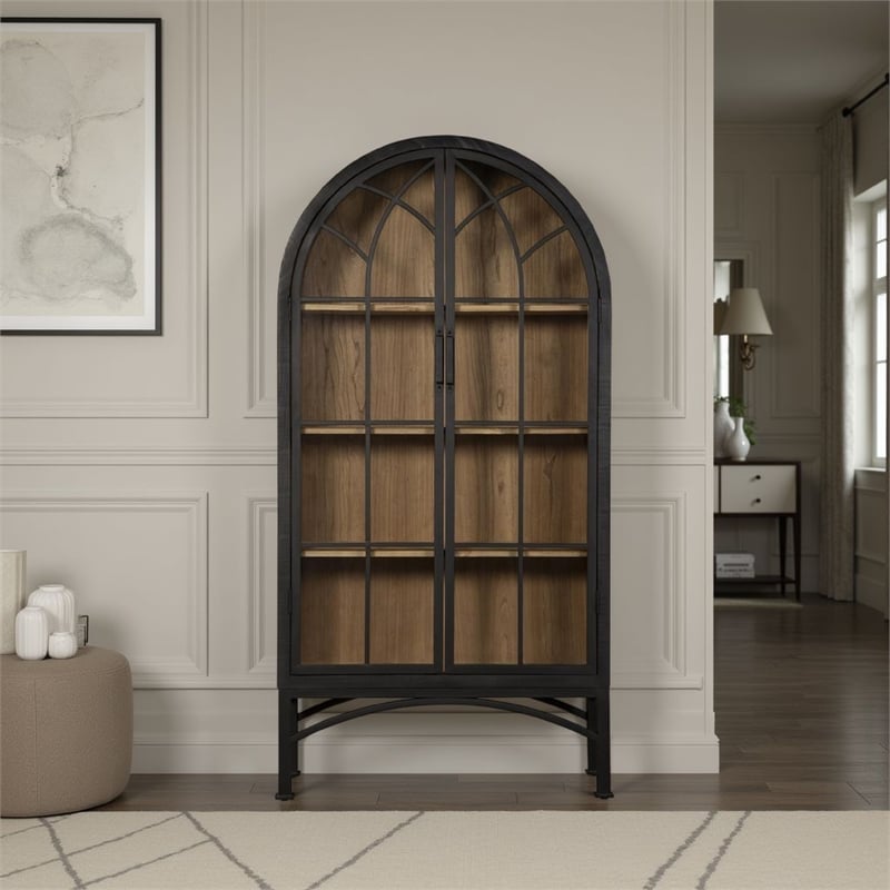 Benjara Veria China Cabinet- 2 Glass Door Arch Frame- Black Iron- 83 Inch