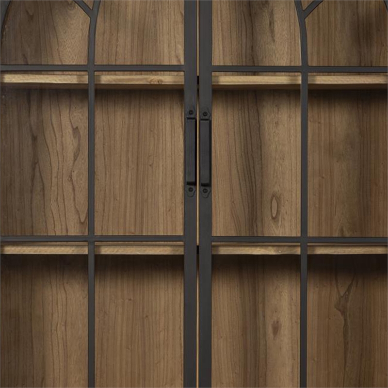 Benjara Veria China Cabinet- 2 Glass Door Arch Frame- Black Iron- 83 Inch