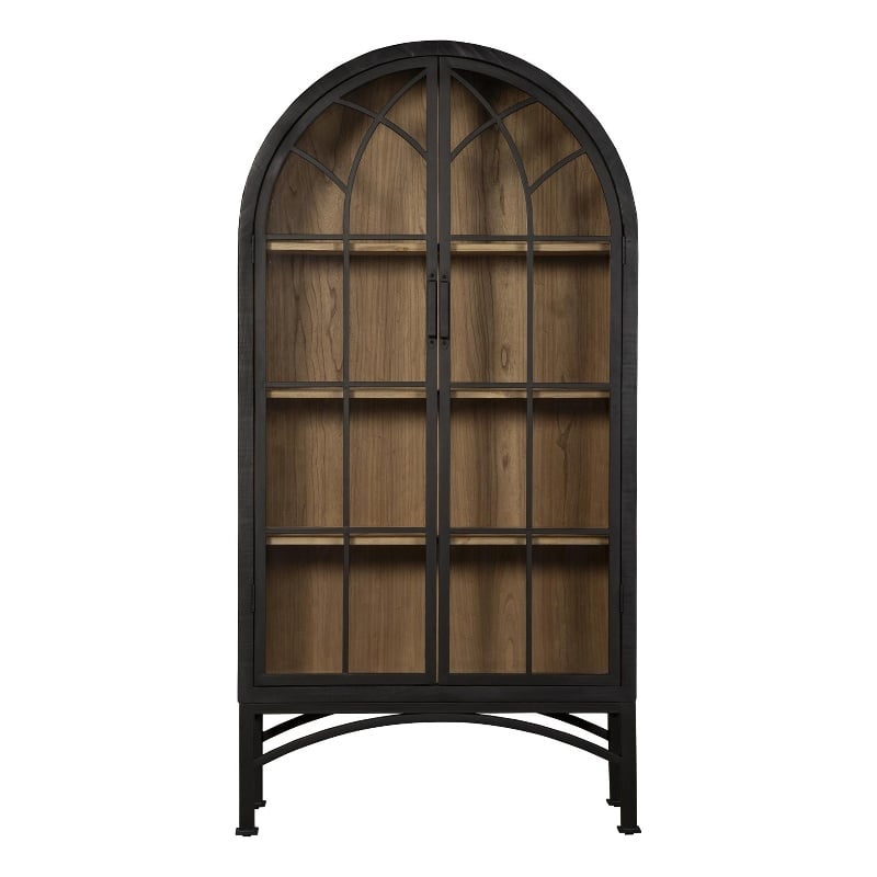 Benjara Veria China Cabinet- 2 Glass Door Arch Frame- Black Iron- 83 Inch
