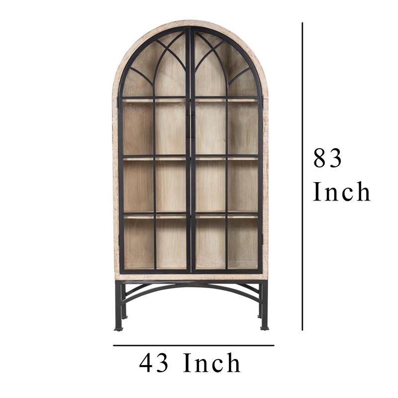 Benjara Veria China Cabinet- 2 Glass Door Arch Frame- Whitewash Wood- 83 Inch