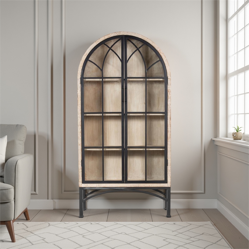 Benjara Veria China Cabinet- 2 Glass Door Arch Frame- Whitewash Wood- 83 Inch