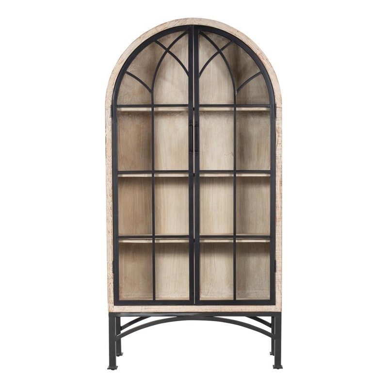 Benjara Veria China Cabinet- 2 Glass Door Arch Frame- Whitewash Wood- 83 Inch