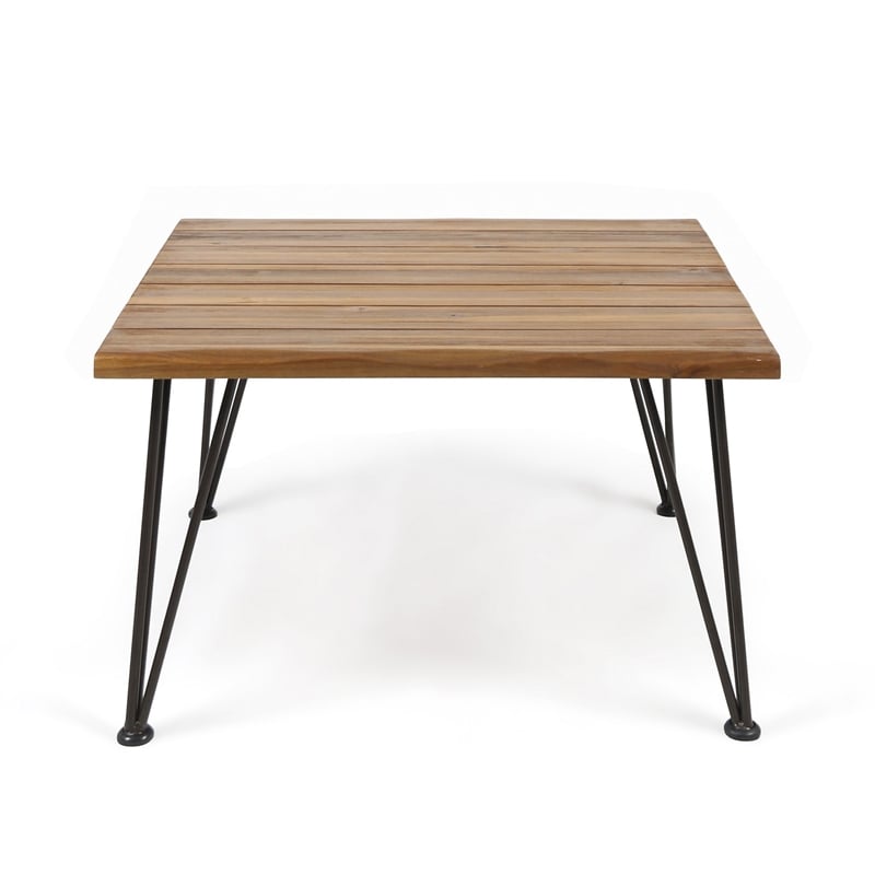 Benjara Zoe Outdoor Coffee Table- Hairpin Legs- 33in Brown Slatted Acacia Wood
