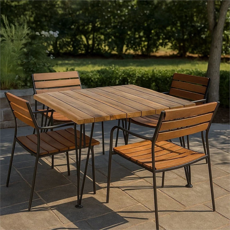 Benjara Zoe Outdoor Coffee Table- Hairpin Legs- 33in Brown Slatted Acacia Wood
