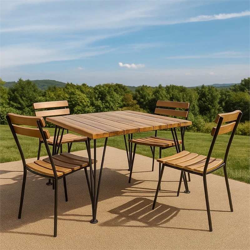 Benjara Zoe Outdoor Coffee Table- Hairpin Legs- 33in Brown Slatted Acacia Wood