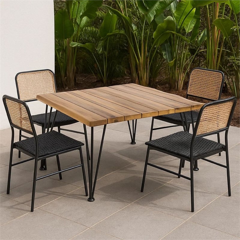 Benjara Zoe Outdoor Coffee Table- Hairpin Legs- 33in Brown Slatted Acacia Wood