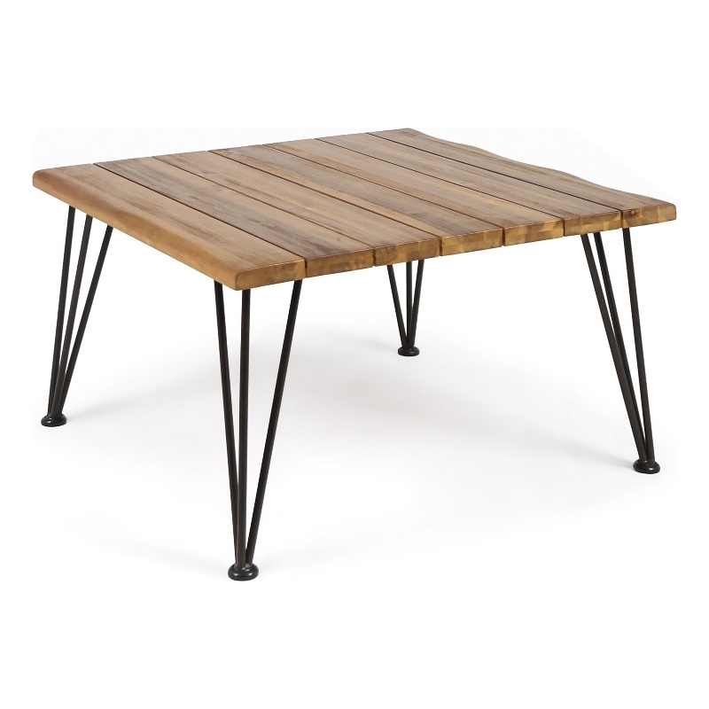 Benjara Zoe Outdoor Coffee Table- Hairpin Legs- 33in Brown Slatted Acacia Wood