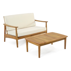 Benjara Roxy 2pc Outdoor Loveseat and Coffee Table Set- Acacia Wood- Cream
