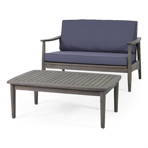 Benjara Roxy 2pc Outdoor Loveseat and Coffee Table Set- Acacia Wood- Dark Gray