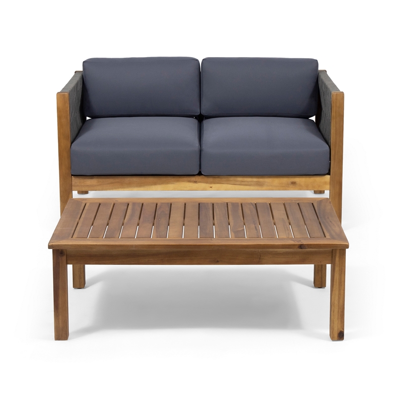 Benjara 2pc Outdoor Loveseat Coffee Table Set- Brown Acacia Wood- Dark Gray