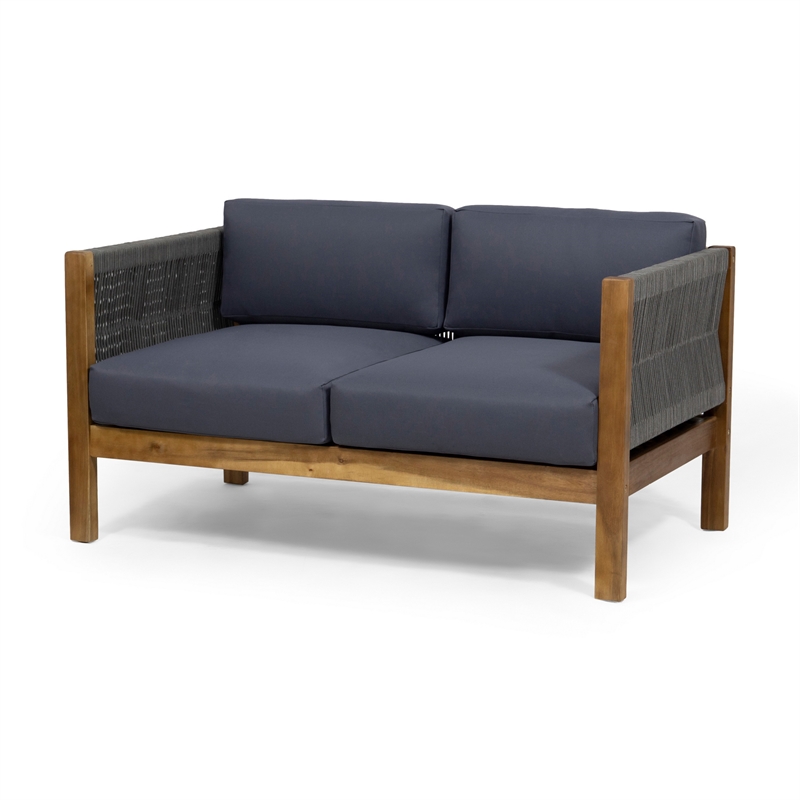 Benjara 2pc Outdoor Loveseat Coffee Table Set- Brown Acacia Wood- Dark Gray
