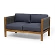 Benjara 2pc Outdoor Loveseat Coffee Table Set- Brown Acacia Wood- Dark Gray