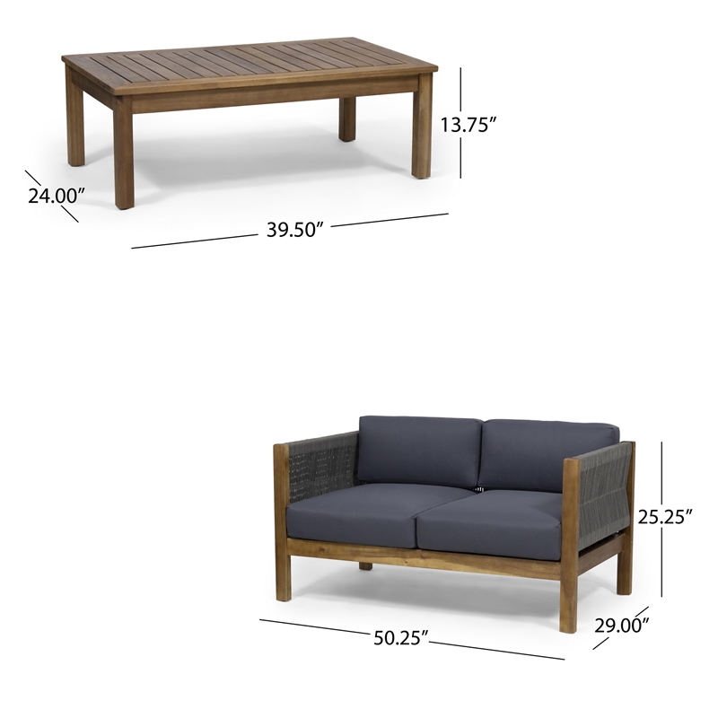 Benjara 2pc Outdoor Loveseat Coffee Table Set- Brown Acacia Wood- Dark Gray
