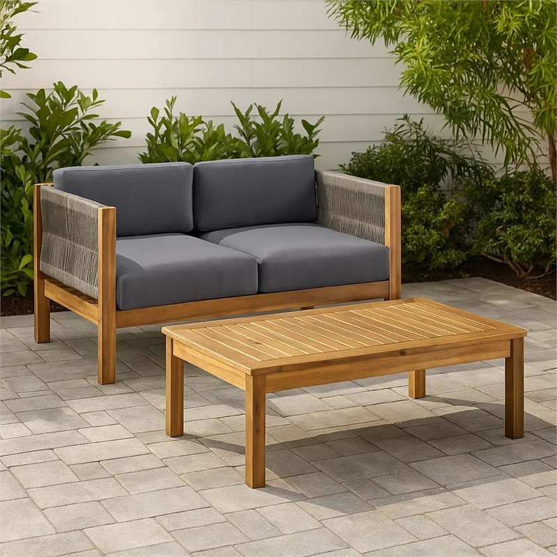 Benjara 2pc Outdoor Loveseat Coffee Table Set- Brown Acacia Wood- Dark Gray
