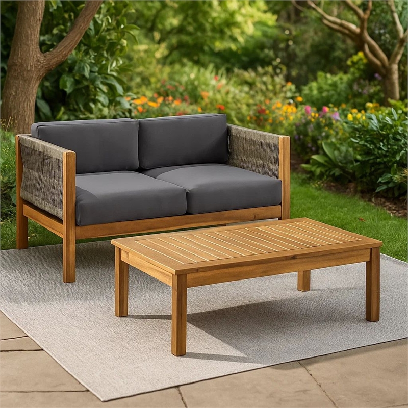 Benjara 2pc Outdoor Loveseat Coffee Table Set- Brown Acacia Wood- Dark Gray