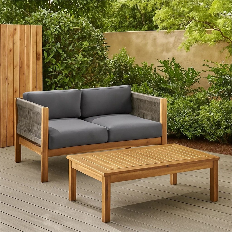 Benjara 2pc Outdoor Loveseat Coffee Table Set- Brown Acacia Wood- Dark Gray