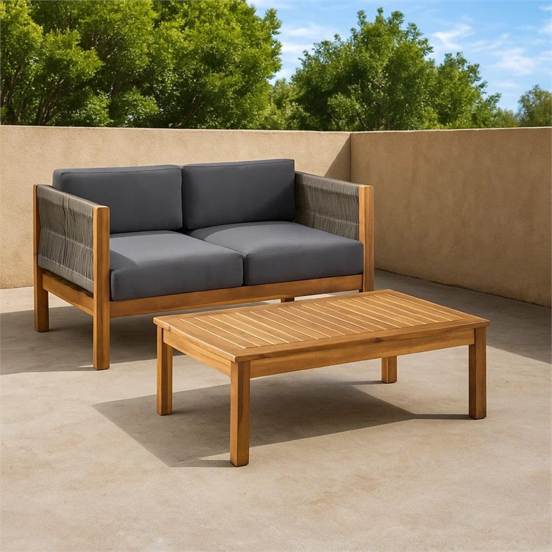 Benjara 2pc Outdoor Loveseat Coffee Table Set- Brown Acacia Wood- Dark Gray