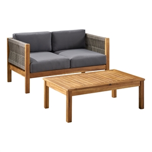 Benjara 2pc Outdoor Loveseat Coffee Table Set- Brown Acacia Wood- Dark Gray