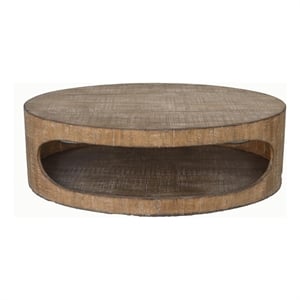 Benjara Roki Coffee Table w Shelf- 55&quot Natural Brown Pine Wood Oval Top