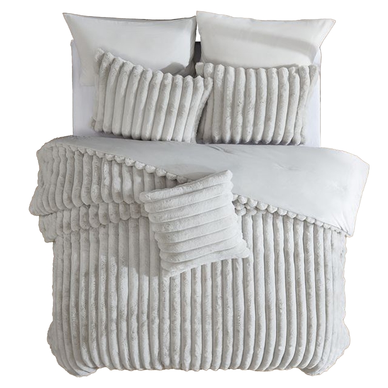 Benjara Sieno 4pc Queen Comforter Set- Gray Faux Fur and Micro Mink Backing