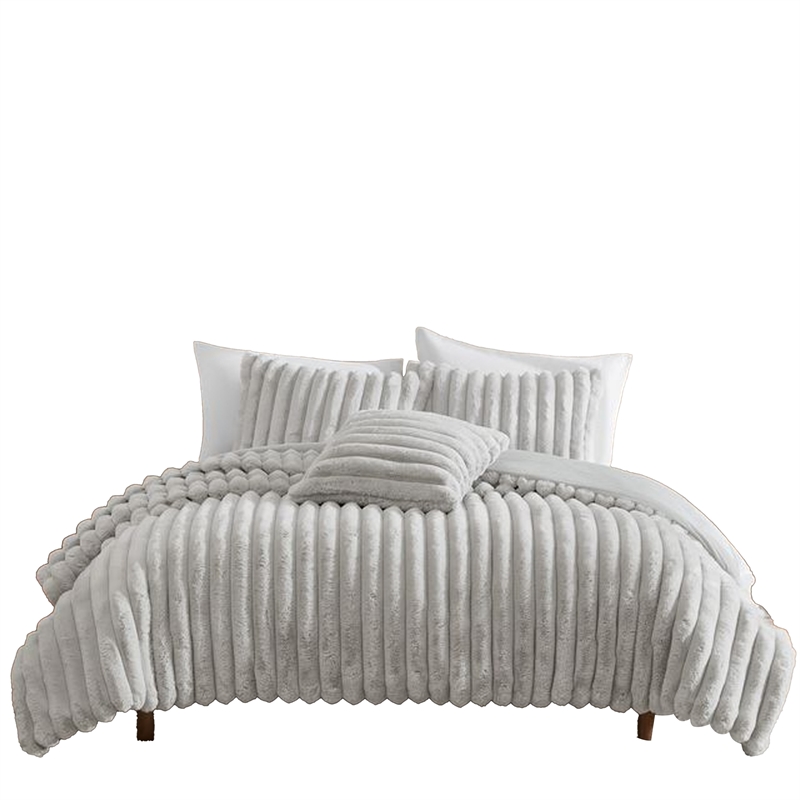 Benjara Sieno 4pc King Comforter Set- Gray Faux Fur and Micro Mink Backing