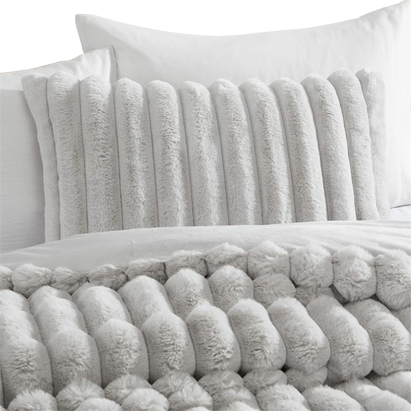Benjara Sieno 4pc King Comforter Set- Gray Faux Fur and Micro Mink Backing