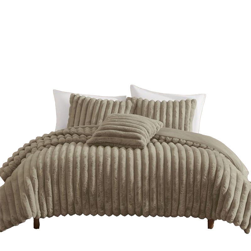 Benjara Sieno 4pc King Comforter Set- Taupe Brown Faux Fur- Micro Mink Backing