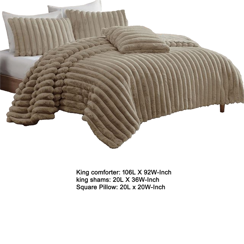 Benjara Sieno 4pc King Comforter Set- Taupe Brown Faux Fur- Micro Mink Backing